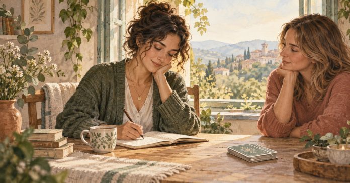 Illustration of a woman writing in a journal with a supportive friend nearby.