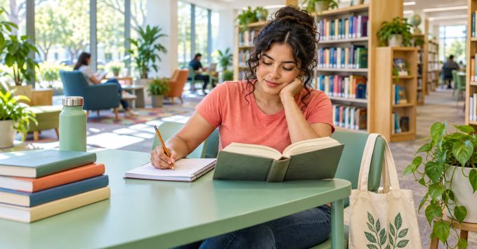 A young adult takes notes while reading in a public library.