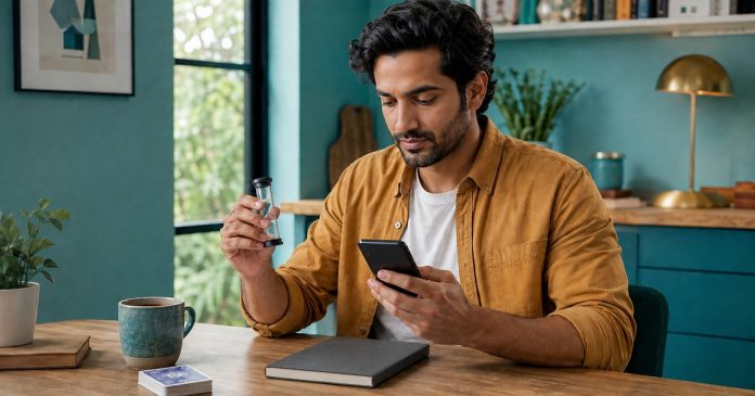 A young adult South Asian man in a casual mustard overshirt reviewing an introductory psychic phone offer on a smartphone while checking a small timer and a written budget notebook