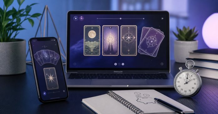 Phone and laptop with generic tarot interfaces, timer, and budget notebook