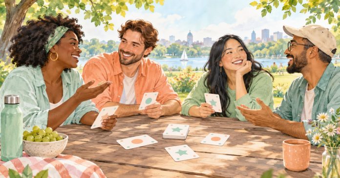 Four adults at a picnic table using simple illustrated conversation cards.