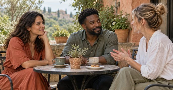 Three adults have a calm conversation at an outdoor café, representing friendship and relationship boundaries.