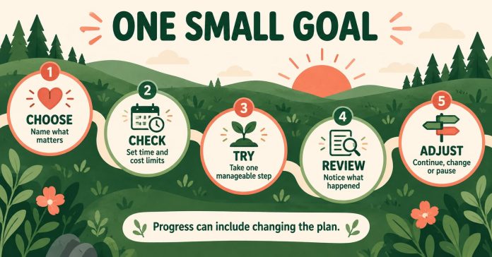 Five steps for one small goal A five-step guide moves from choosing a goal to checking limits, trying an action, reviewing and adjusting.