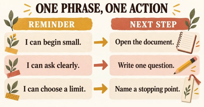 Three reminder examples: I can begin small—open the document; I can ask clearly—write one question; I can choose a limit—name a stopping point.
