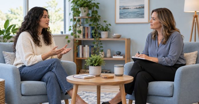 Fictional client and counselor talking in a calm office with clear space between them.