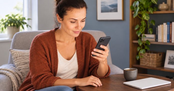 Free Reading Offers — Looking at the Phone A woman looking down at her smartphone with tea beside her on a clear wooden table.