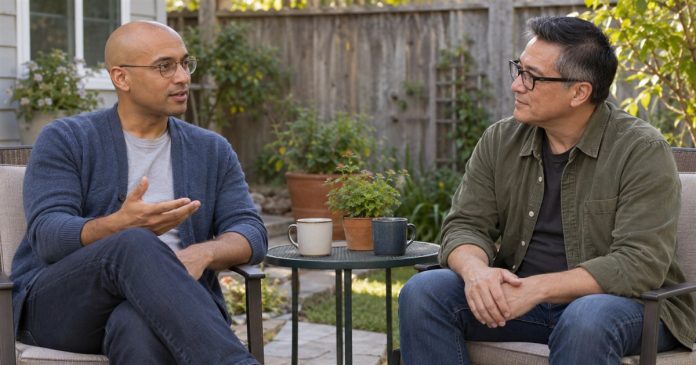 A conversation about friendship boundaries Illustration of two adults talking in separate chairs beside a small table in a modest backyard