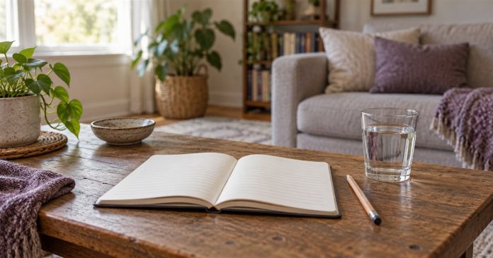 Illustration of an open notebook, pencil and glass of water on a table in a modest living room