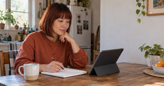 Thoughtful reader selection at a modest home table Adult with auburn bob hair reviewing a tablet and notebook at a modest kitchen table